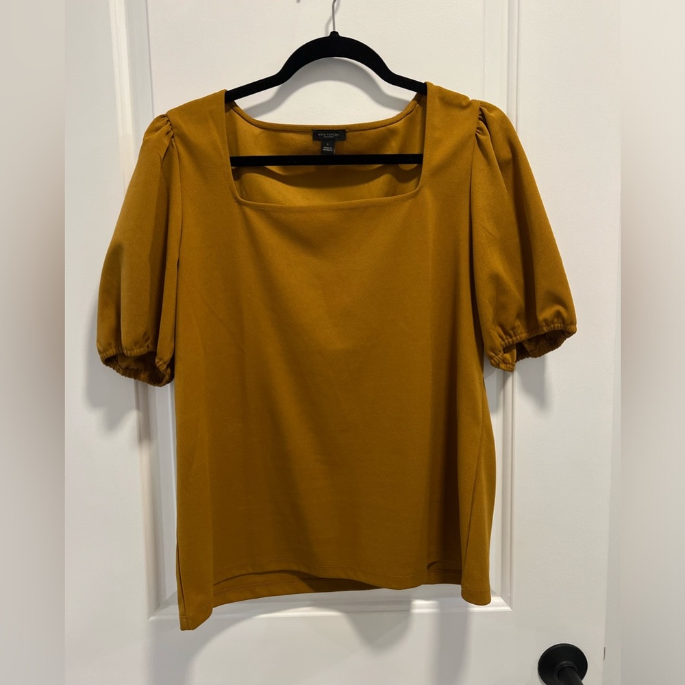 ANN TAYLOR Dijon Yellow Brown Top Pleated Puff Short Sleeve Blouse Size L